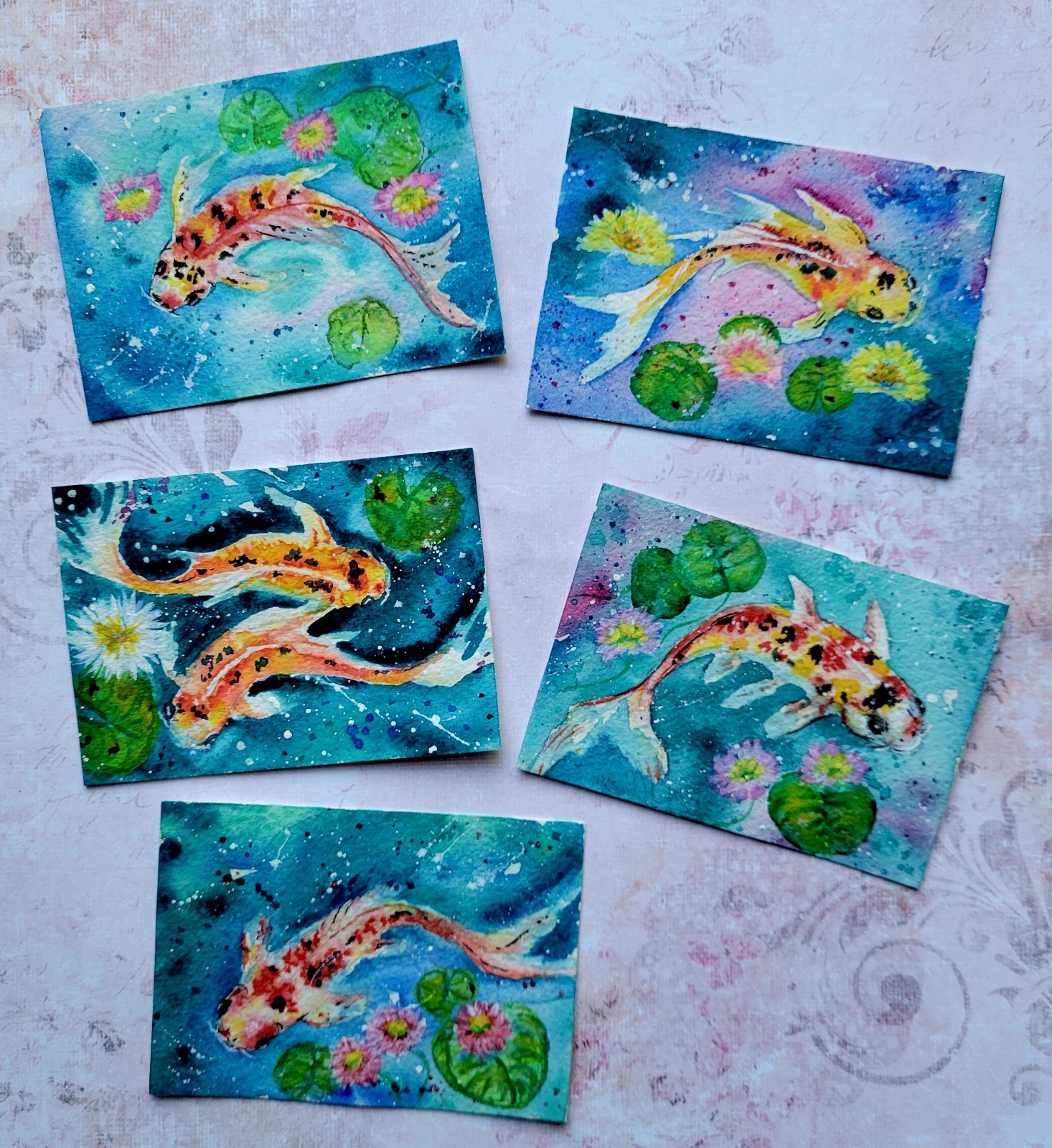 ACEO Diane Bentley Koi Signed COA Watercolor Fish COA Water Lilies Series