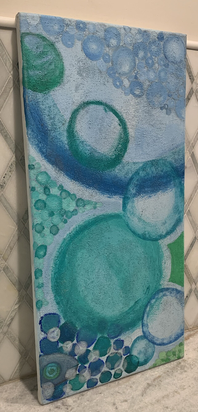 Original Modern Spheres Baubles Bubbles Shades Blue Green Oil Canvas 12”x24”