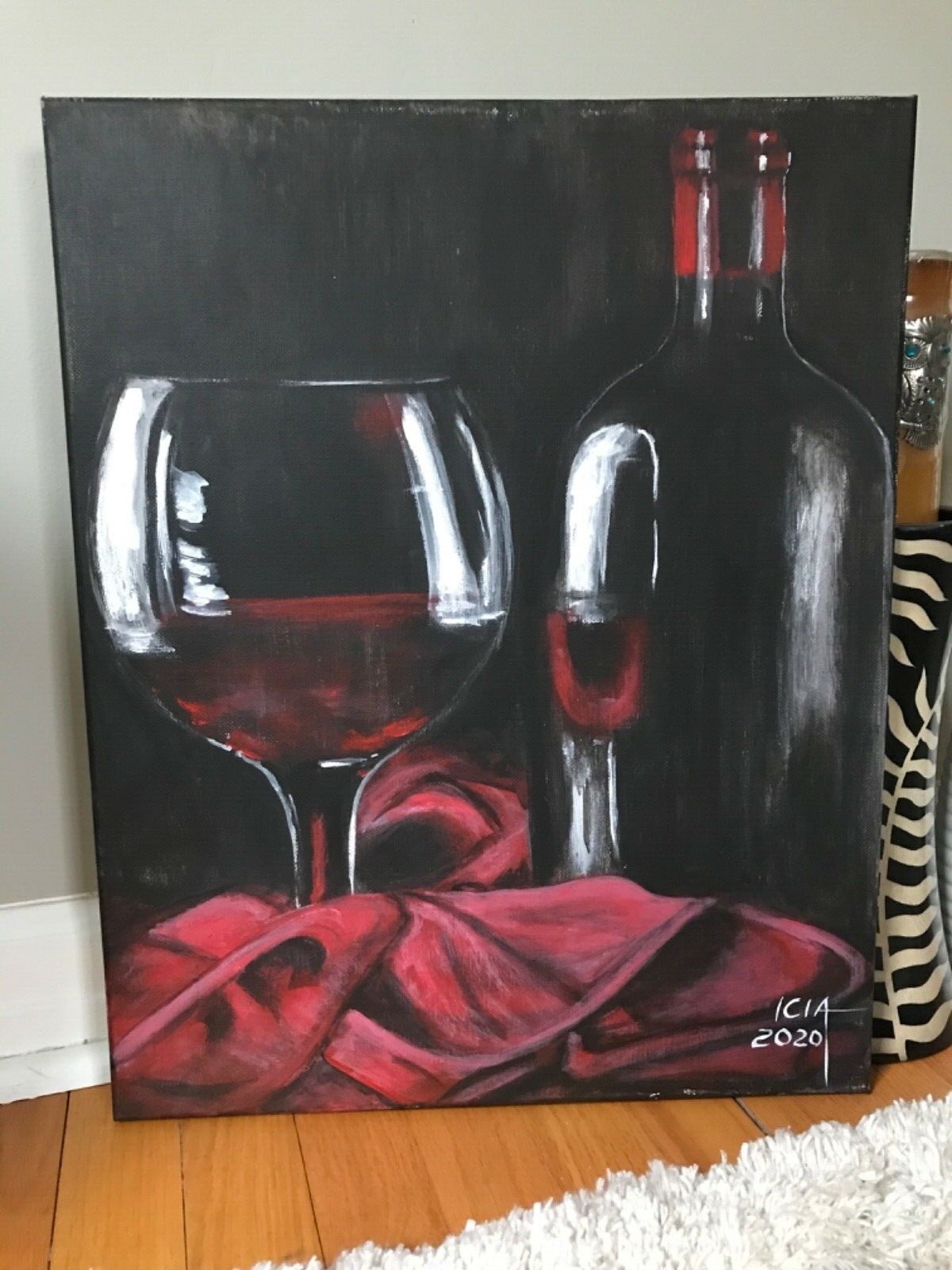 Original acrylic painting- still life bottle red-wine glass 16x20x0.5 in, decor
