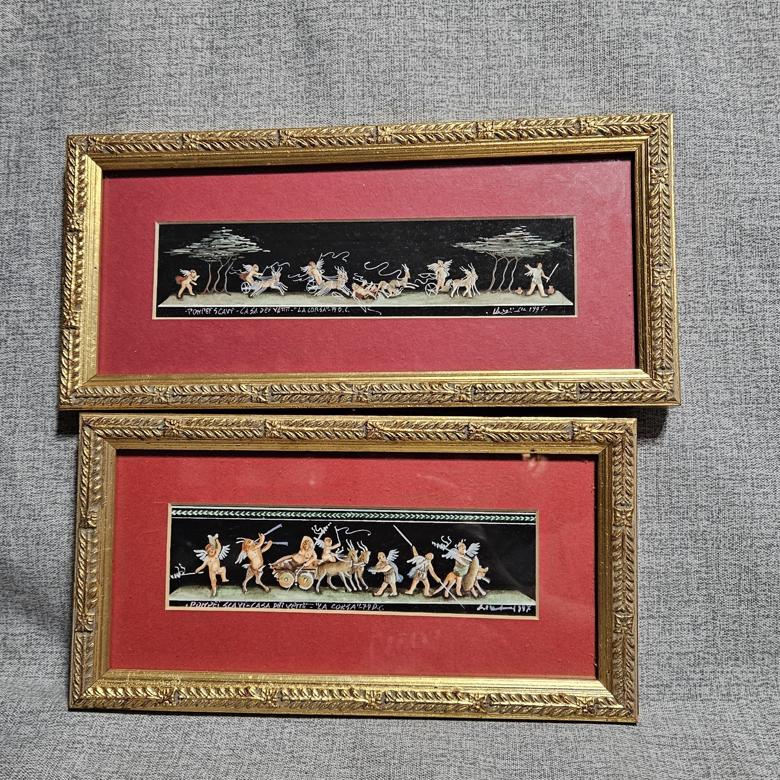 Italian Pompeii Inspired Framed Art Signed 1997 House of the Vettii La Corsa