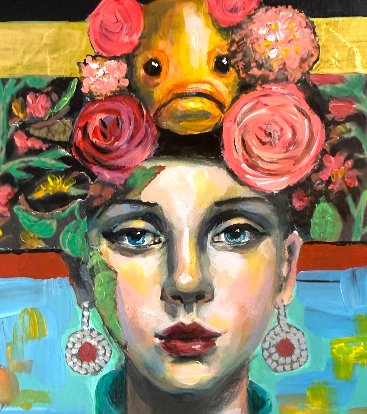 Original Woman Portrait Painting Acrylic Floral Crown Figurative Art OOAK 8×10
