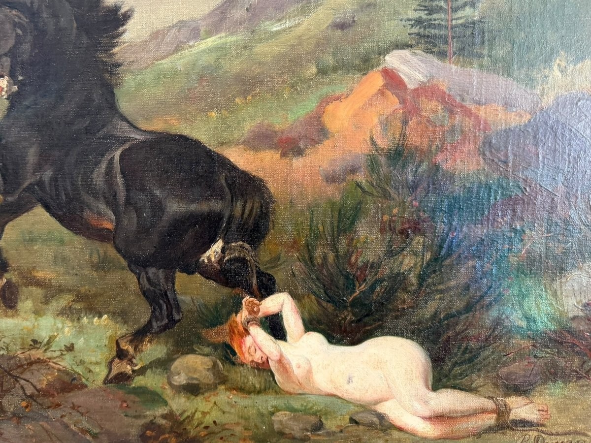Antique Painting Oil Canvas Woman Frame Wood Nude Horse Decor Queen Brunehaut