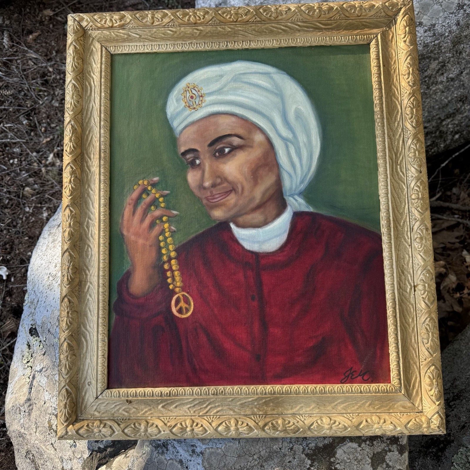 Vintage 1970s Hindu Girl Holding Peace Necklace Hand Painted Oil Canvas