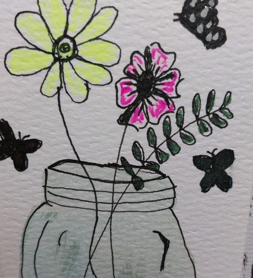 ATC ACEO Art Signed 3.5X2.5 Original Acrylic Painting Impressionist Flowers Jar