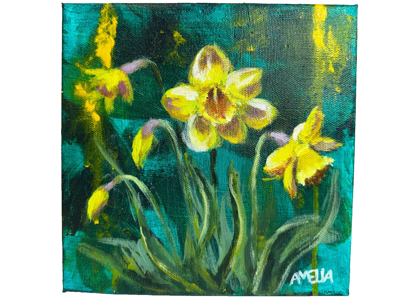 Original Floral Art Painting OOAK Daffodils «Equinox» 8″ x 8″ Wall Decor Spring