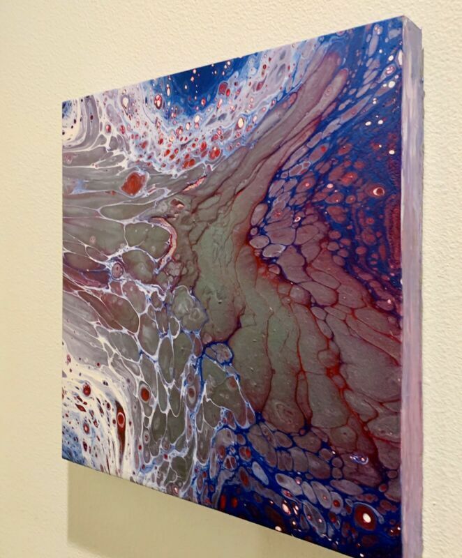 ORIGINAL GALLERY CANVAS Abstract Painting Wall Artwork Metallic Pewter Red Space