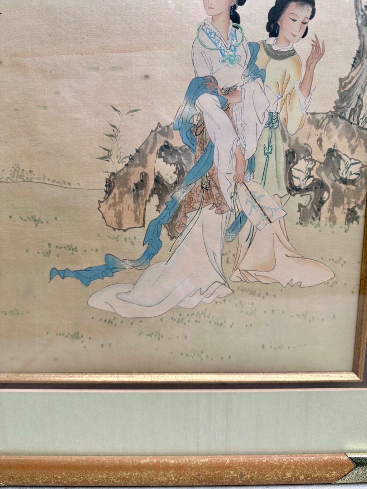 Antique Asian Pair of “Two Women in Garden” Framed Ink & Colors Silk Paintings
