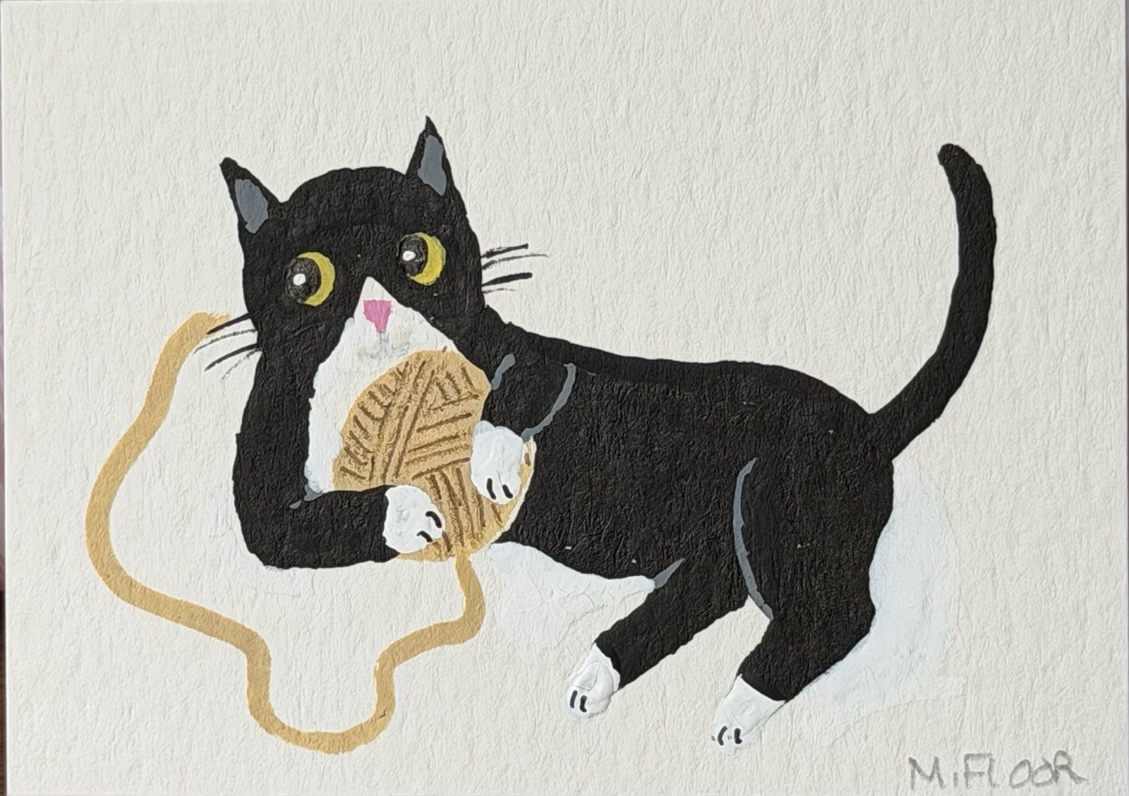 ACEO Original Acrylic Painting Cat Playing With Yarn Mini Art Card Hand Painted