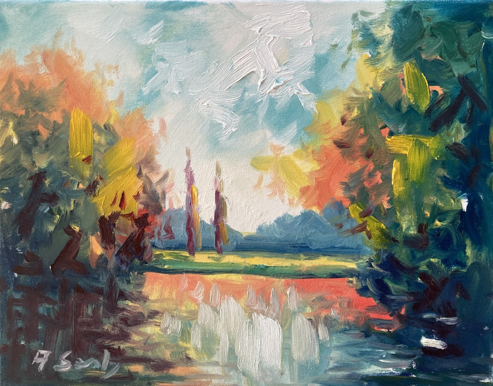 Evening Reflections and Autumn Trees – Original 11×14 Oil Painting on Canvas