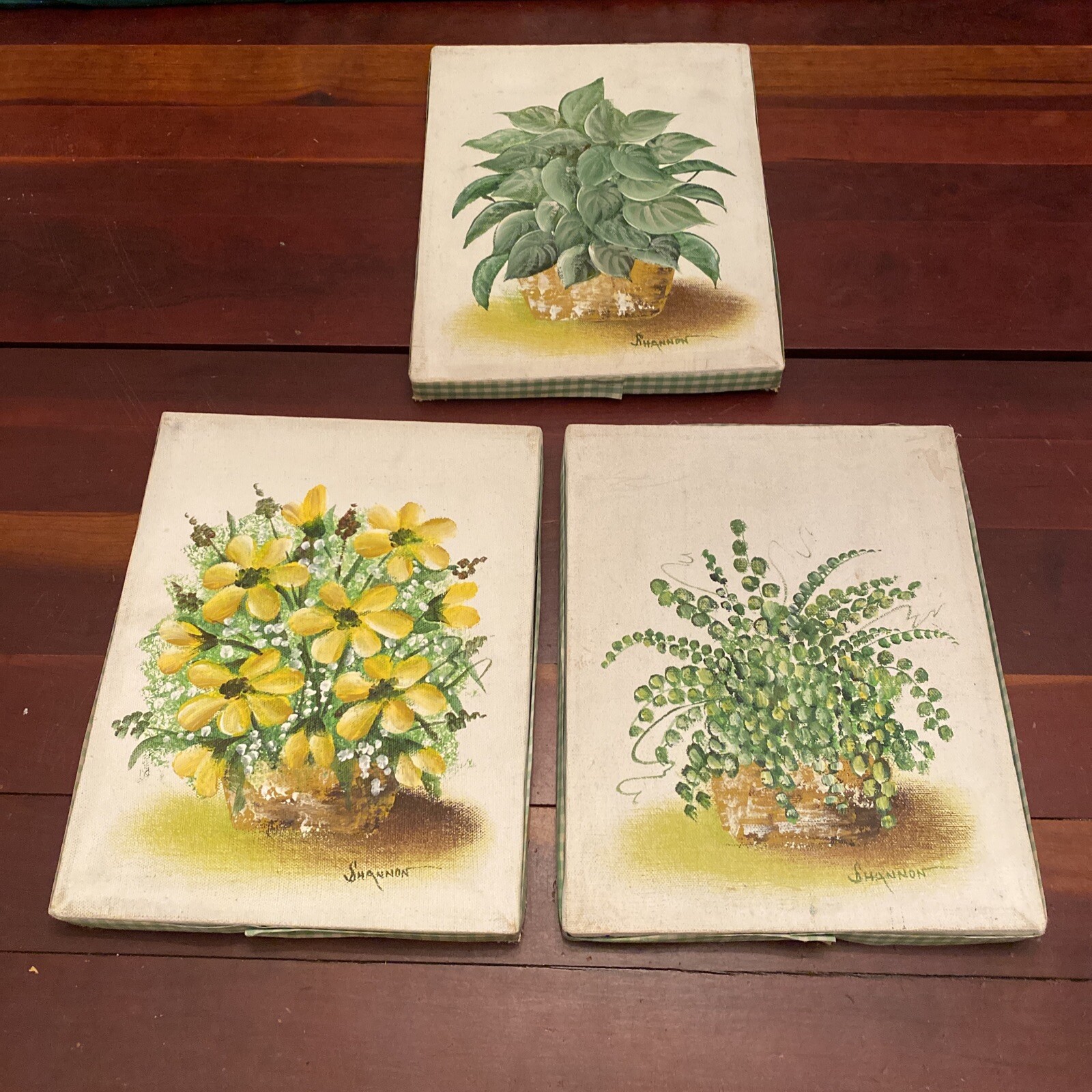 Vintage Oil On Canvas Flower Paintings On Wooden Frames Set Of 3 Signed Shannon