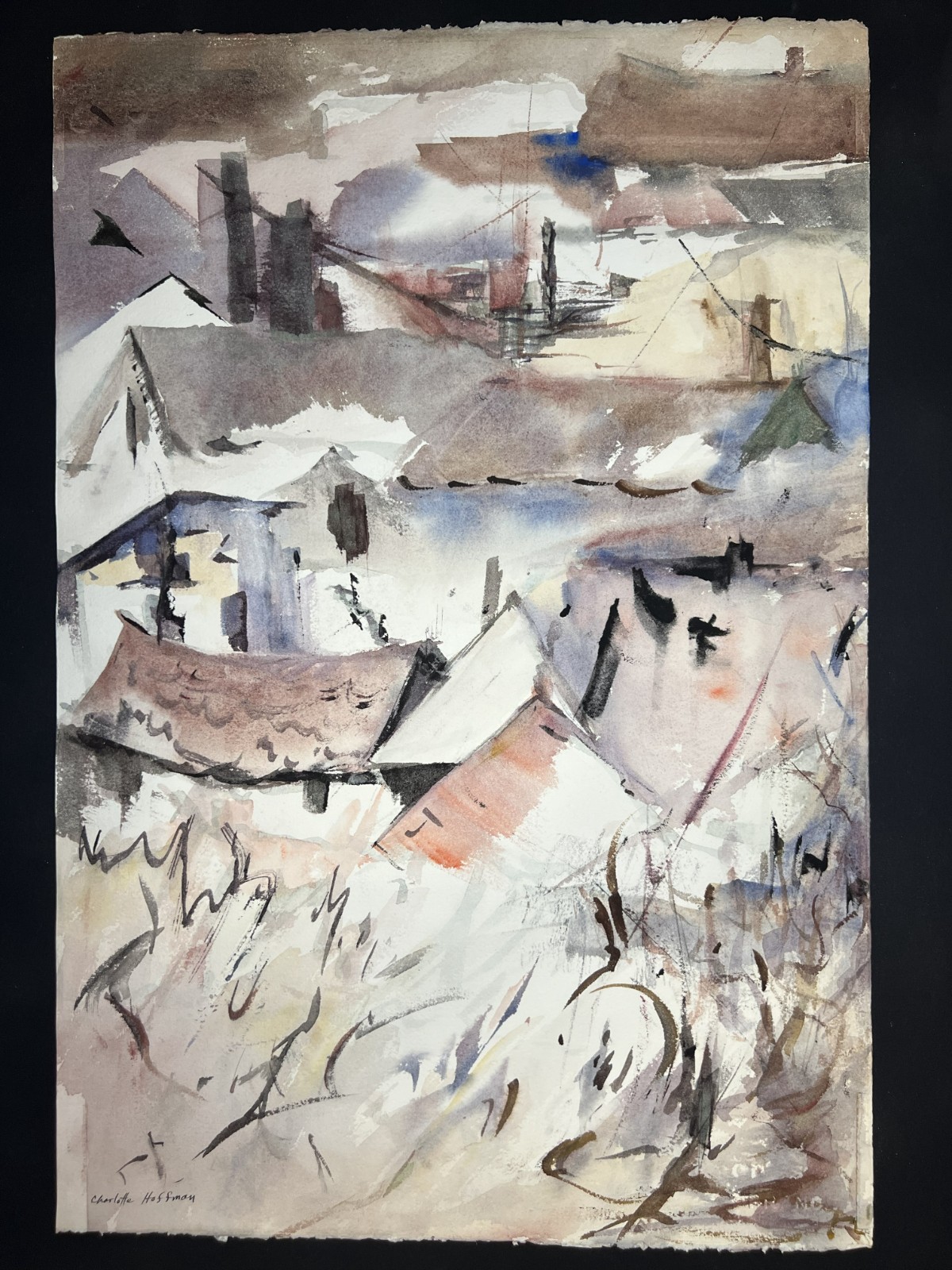 Little Town Landscape–Medium Size Watercolor–Charlotte Hoffman-Mid 20th C NY Art
