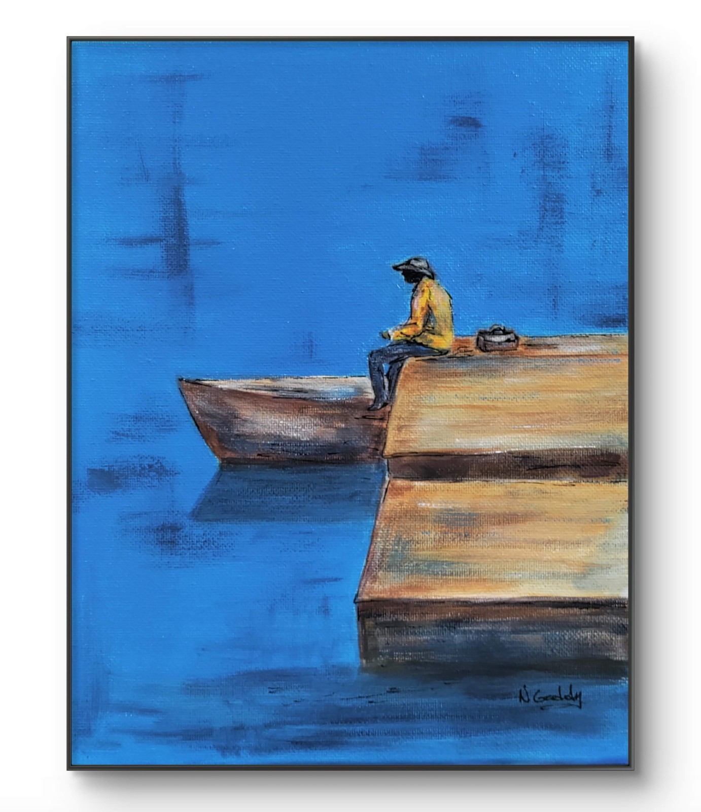 Original Expressionism 8 x 10 Man Fishing Acrylic Art Canvas Wall Painting