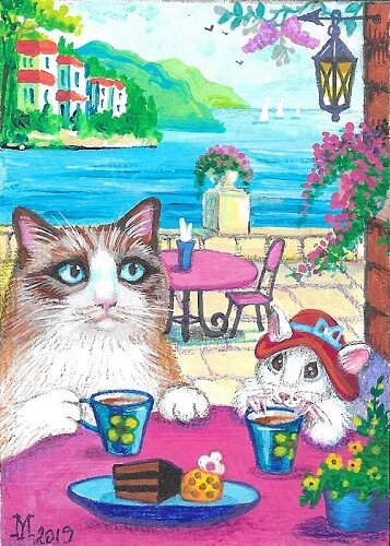 ACEO PRINT OF PAINTING RYTA RAGDOLL CAT MOUSE TEA SEASCAPE SEA Folk Art Cafe 🌺