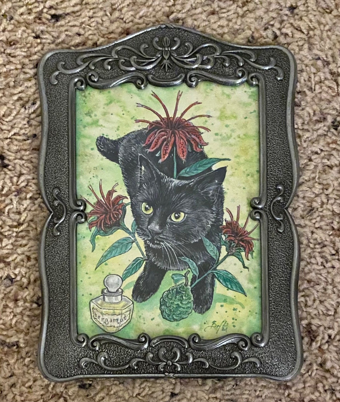 Black Cat Original Art – Flower Cat – Black Cat Poison Pusses – Clockwork Art