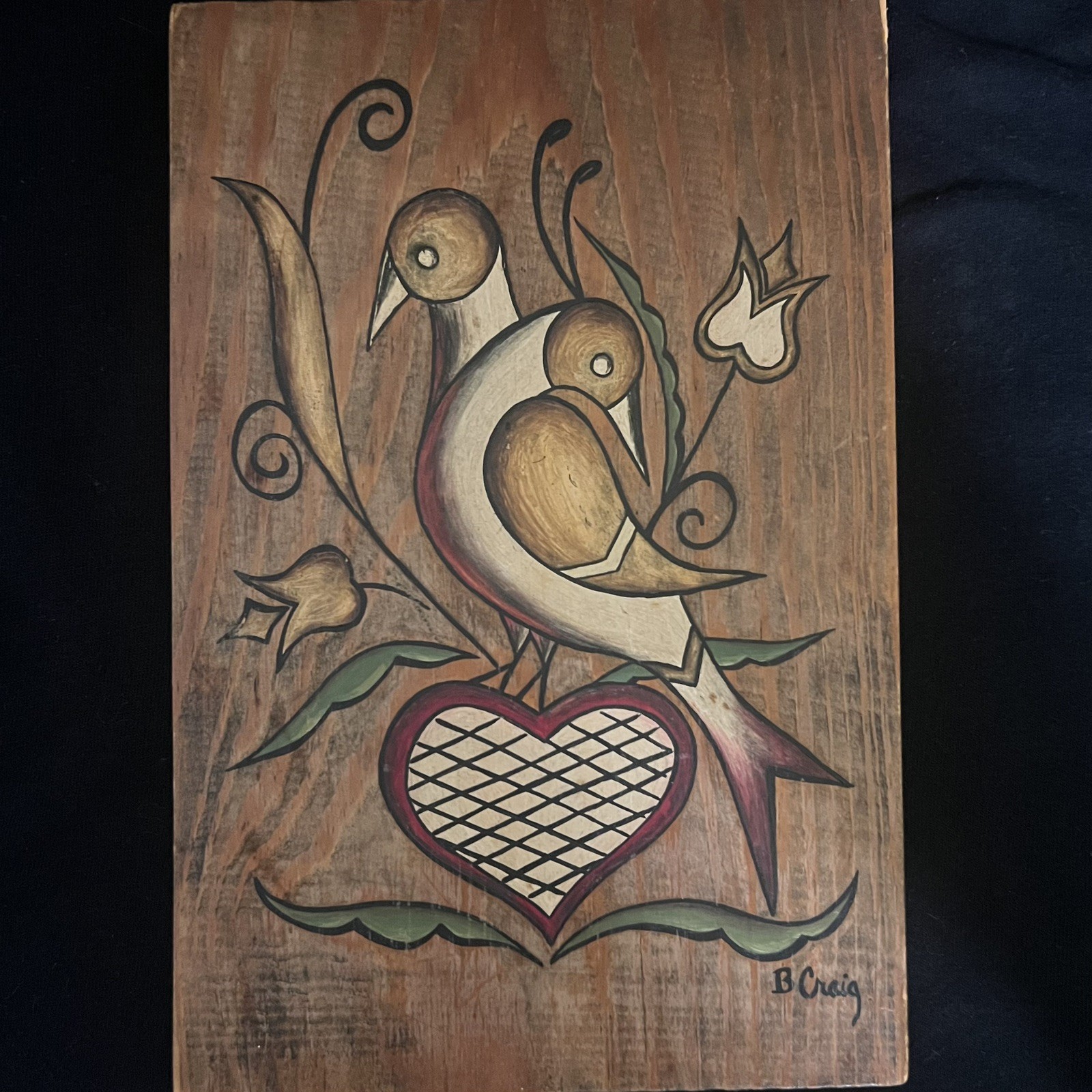 Vintage Folk Art Birds Painting On Wood By B. Craig