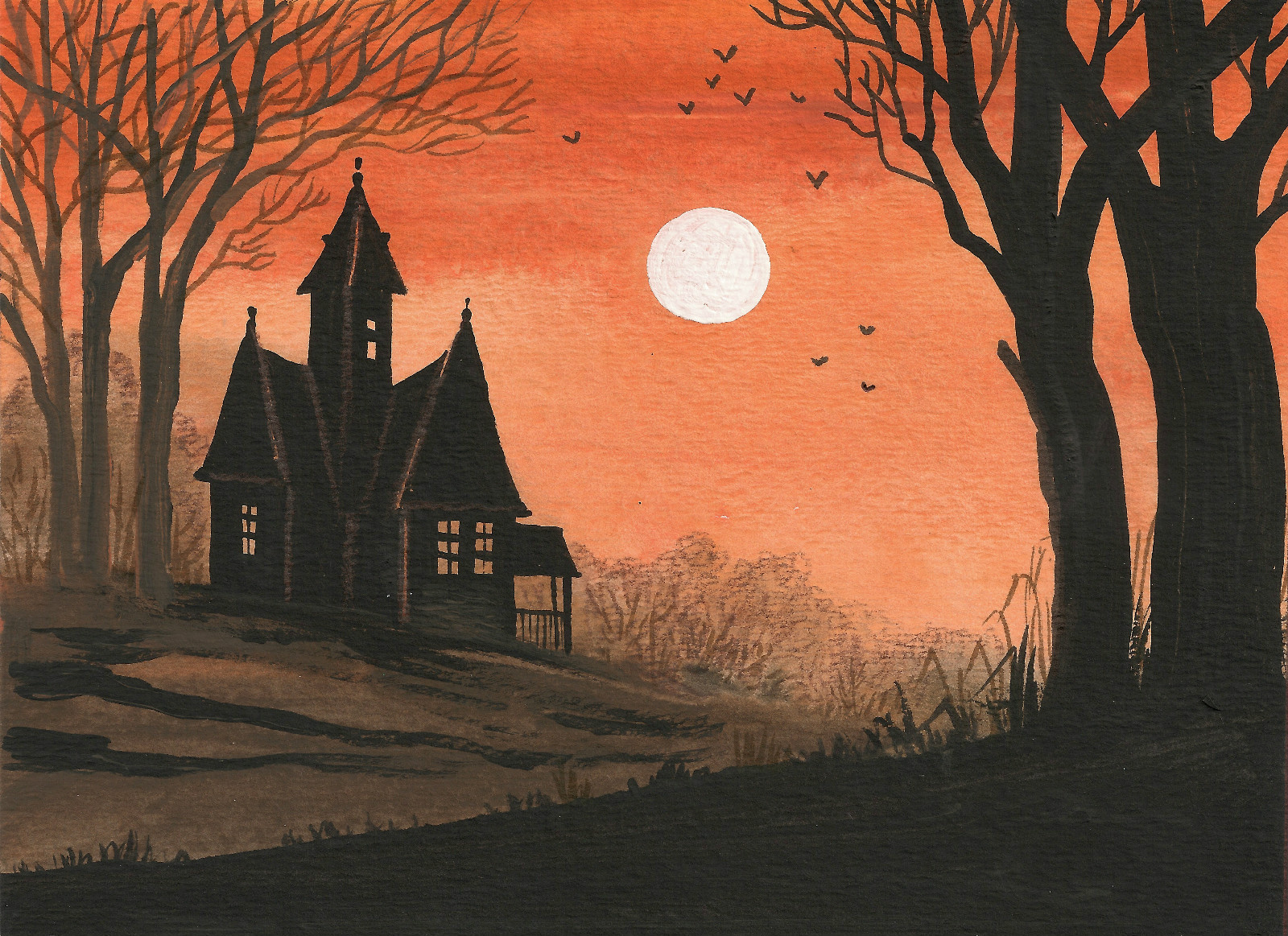 ACEO PRINT OF PAINTING HALLOWEEN FOLK ART RYTA HAUNTED HOUSE Salem Landscape 🎃