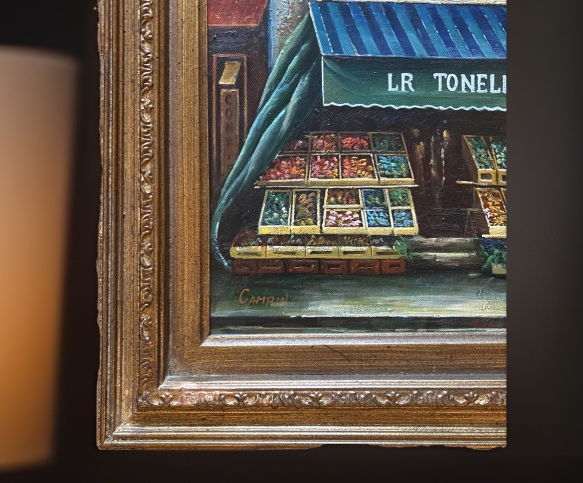VTG Colorful French Village Business Fronts, 2 Acrylic Paintings Original Signed