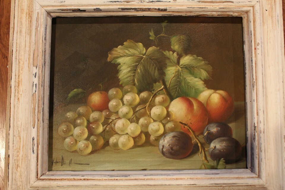 VINTAGE Still Life Signed shabby chic frame OIL Painting Canvas Mid Century 