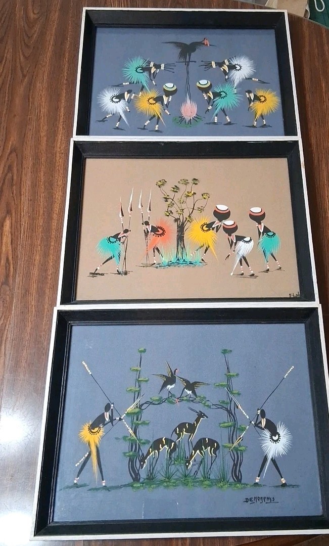 VTG 1950s Framed African Tribal Art Gouache Warrior Painting 3 Pc Signed 13½X10½