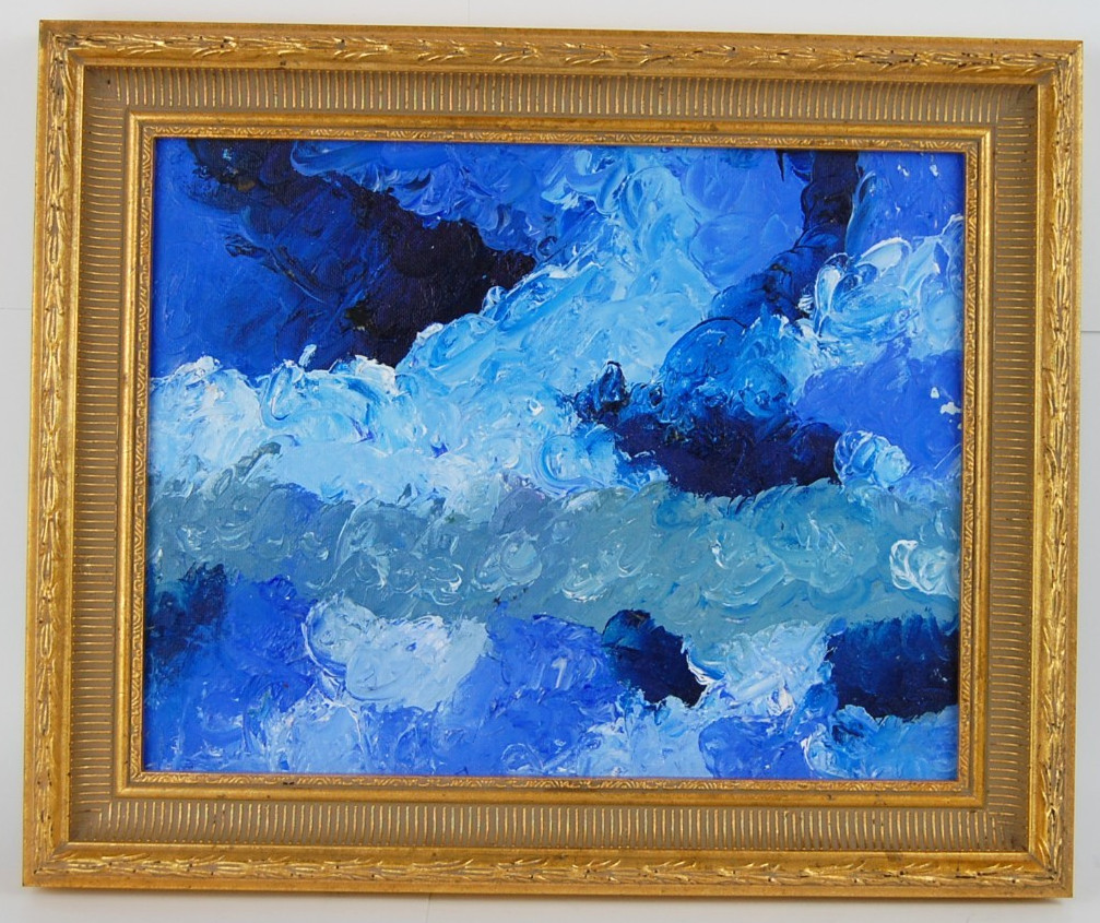 Framed Oil on Board Impressionist Abstract Blue Waves Seascape Painting 14X11