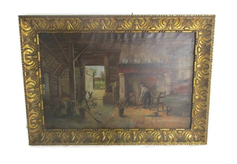 Oil Painting on Canvas Gorgeous Wooden Frame Inside Farm cottage Signed Stunni