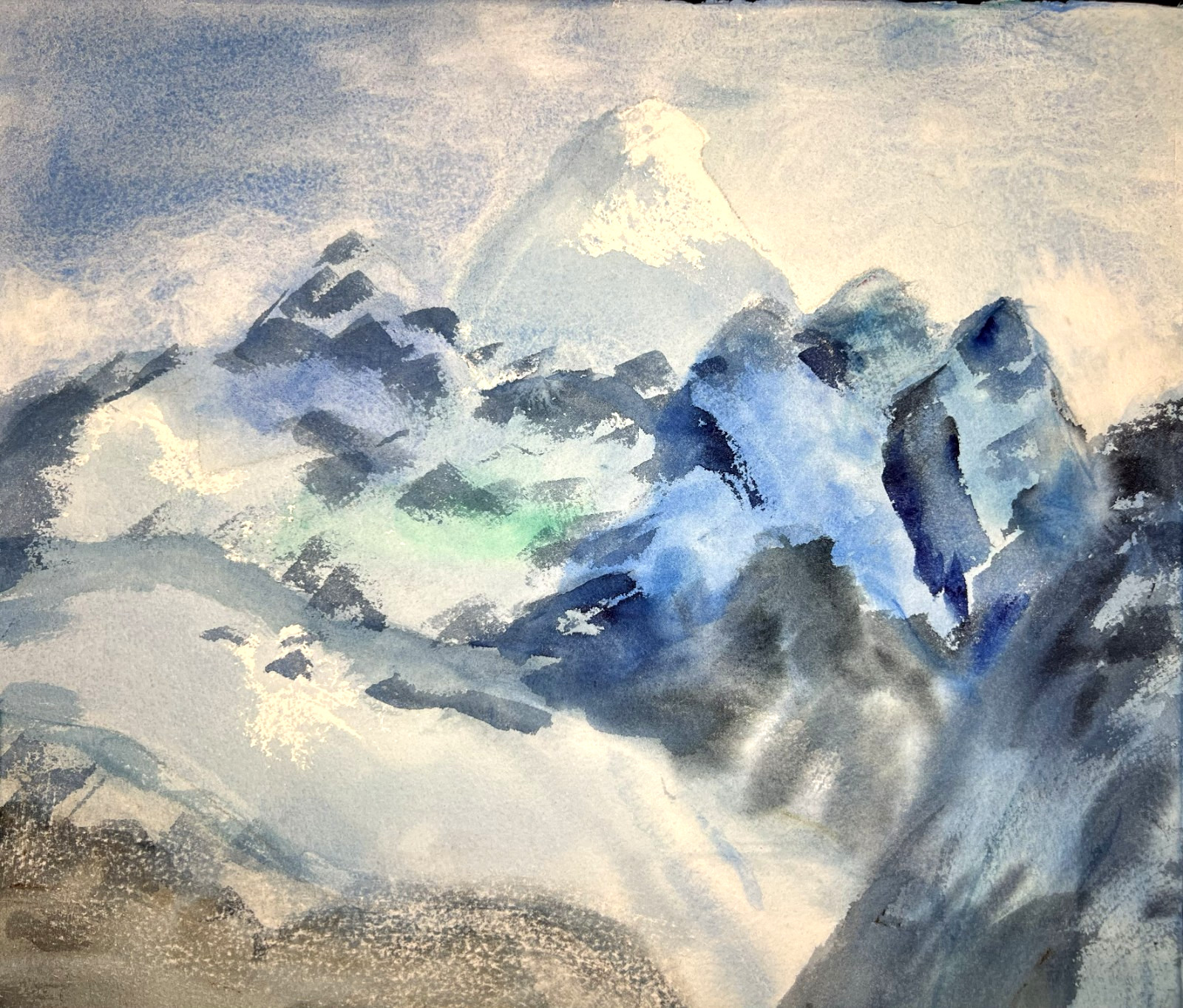 Landscape with Snow Mountain–Mid 20th Century Watercolor–Charlotte Hoffman