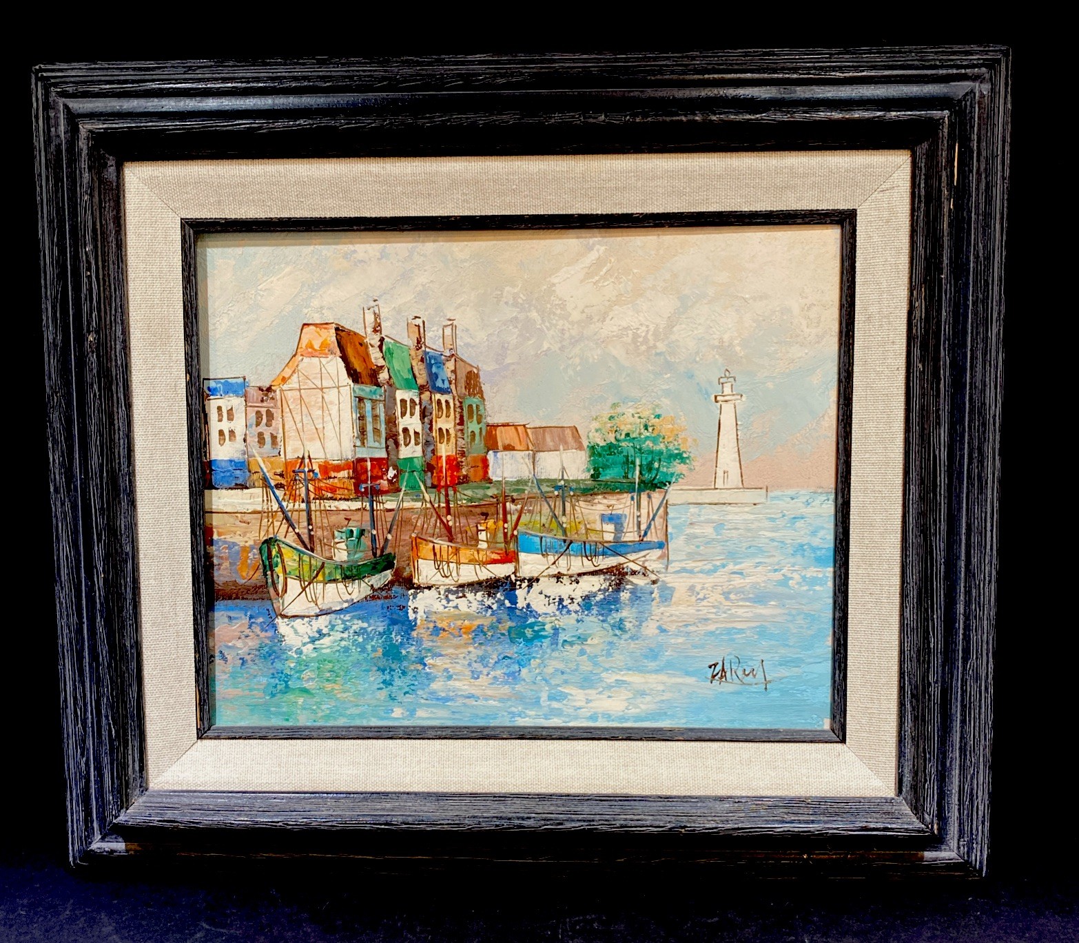 Oil Painting On Canvas “Docked Fishing Boats” 15×13” Framed Harbor Seascape