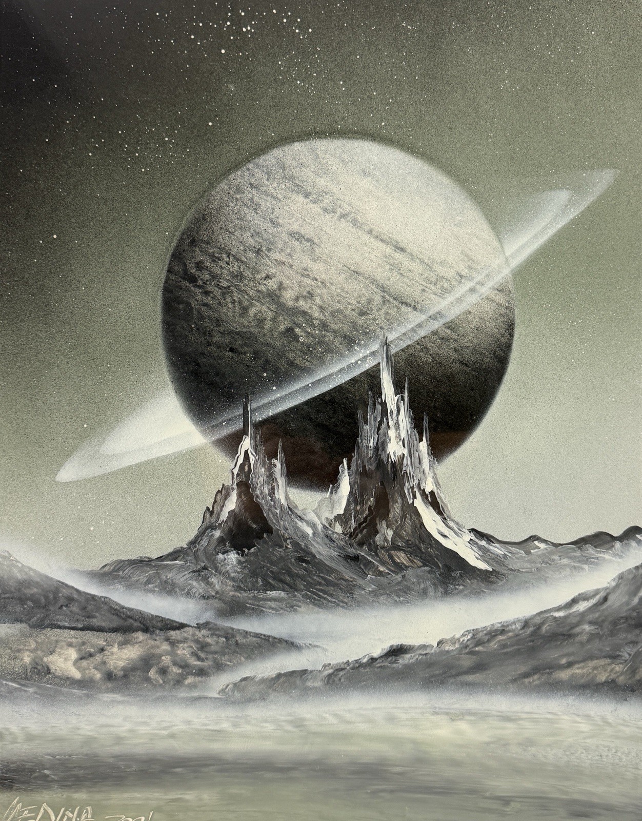 American 21th C,Medina, 2001, Vintage Acrylic Painting, Sci-Fi Space Landscape