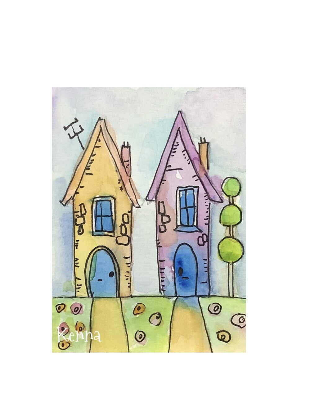ACEO By Kenna Original Watercolour Painting Whimsy Houses 2.5” X 3.5” Signed ÀTC