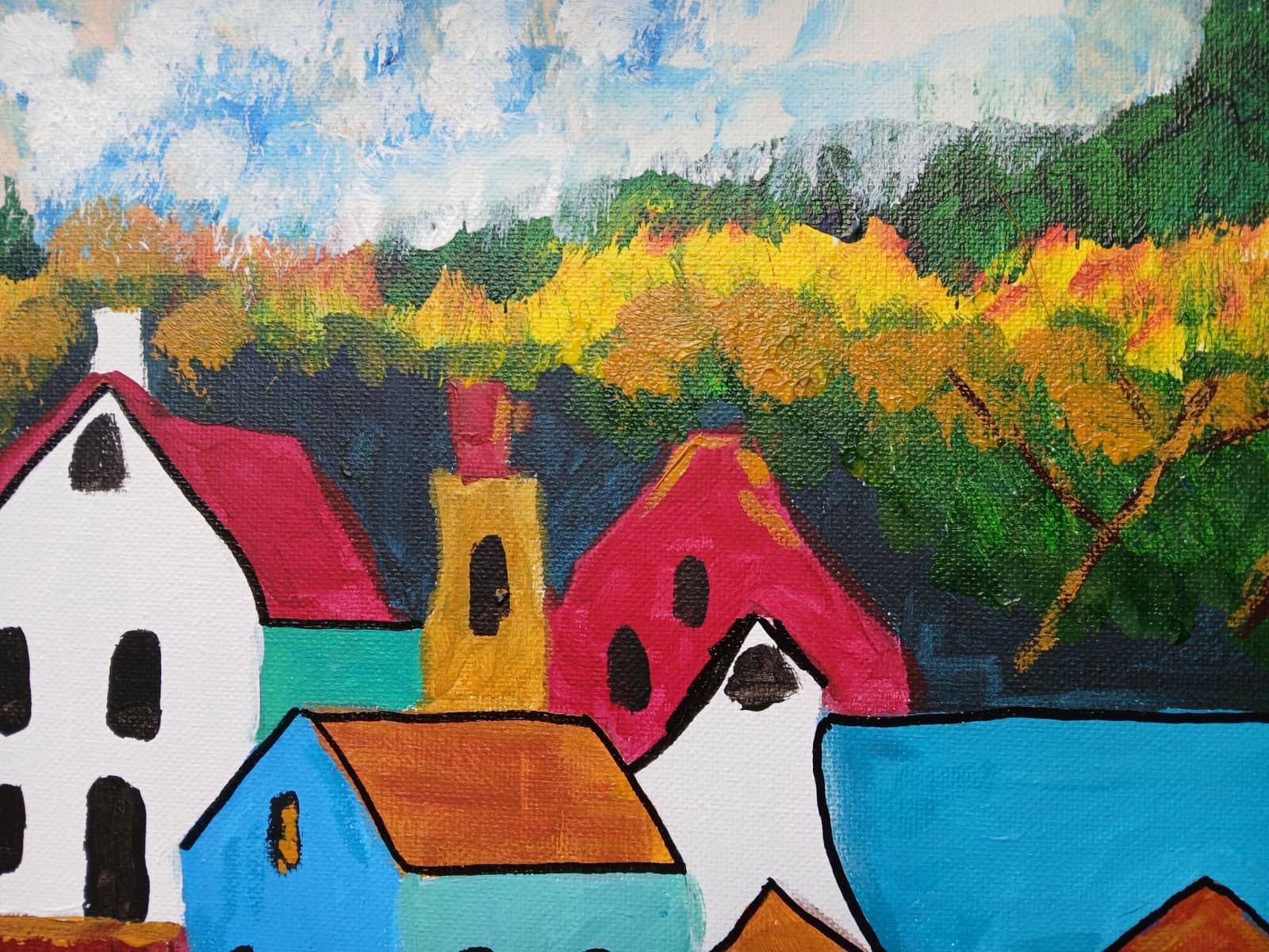 Impressionism 16×20 Seaside VillageHandmade Signed Colorful Art Painting