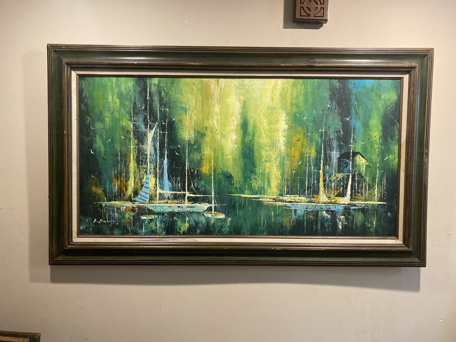 NORTHERN LIGHTS, BOATS IN PORT by K. DAVIS, ORIGINAL ON CANVAS, FRAMED