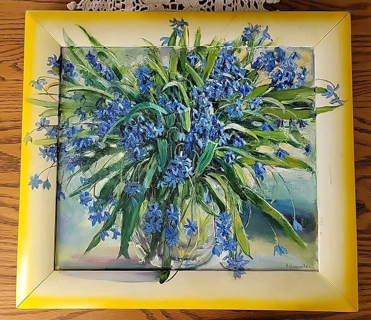 Vintage В Андрухова Ukrainian Artist Blue Snowdrops Flowers Oil Painting Framed