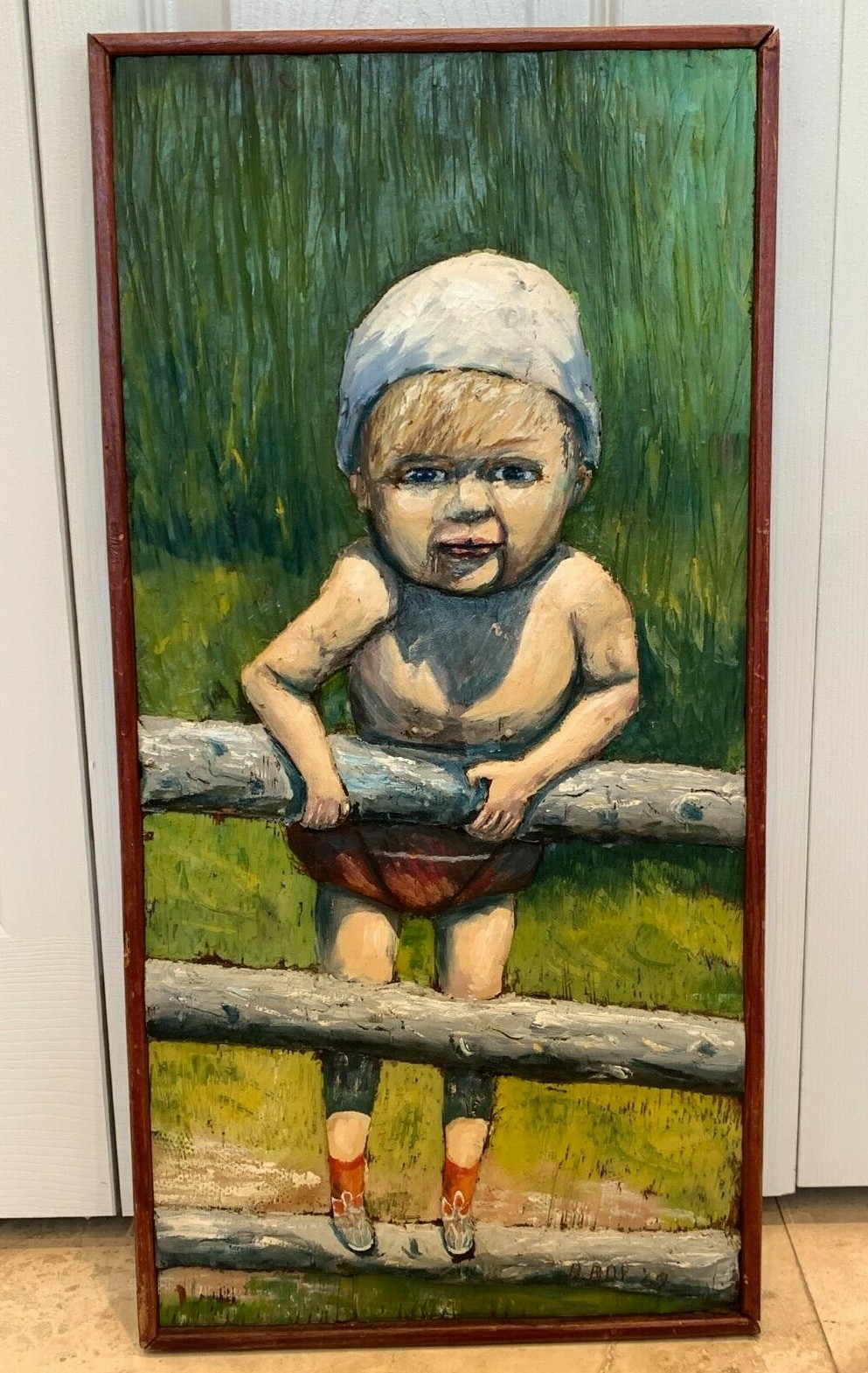 CIRCA 1969 Carved Wood and Relief Painted of a Child Signed Artwork Panel