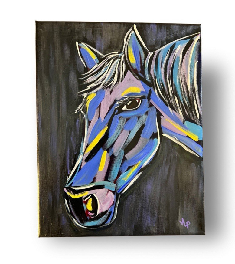 Purple Blue Multi Color Abstract Horse Acrylic 14×11” Canvas VLP Original OOAK