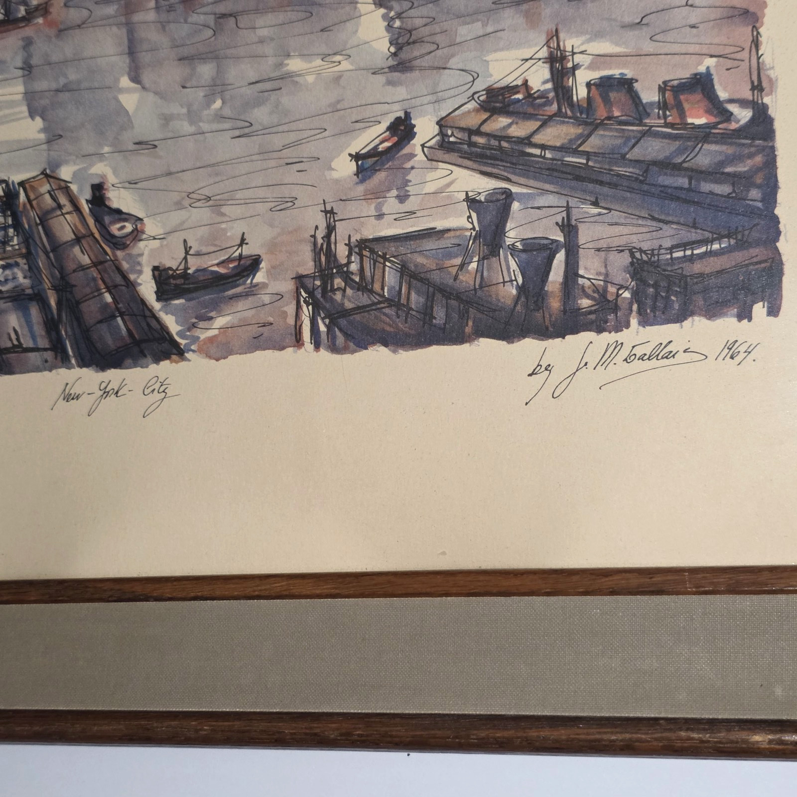 Vintage J.M. Gallais 1964 Signed Print New York City Harbor Skyline Mid Century