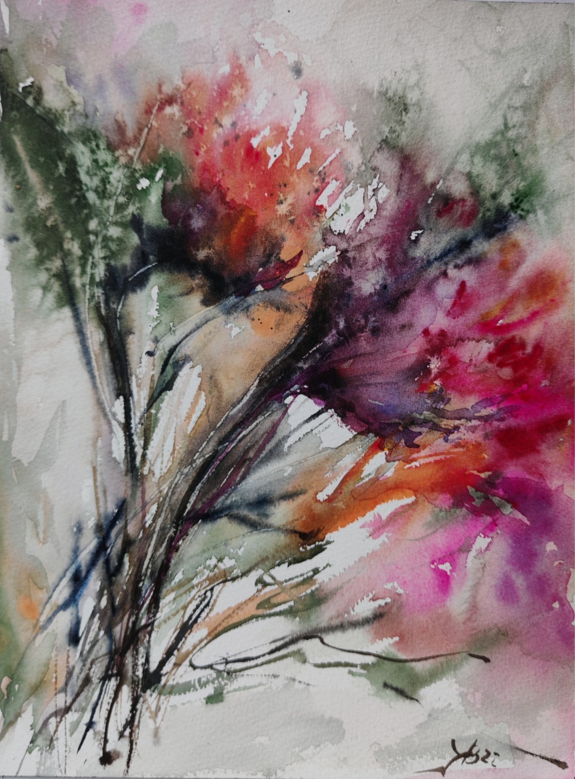 Original Watercolor Spring Red Flowers Painting Abstract