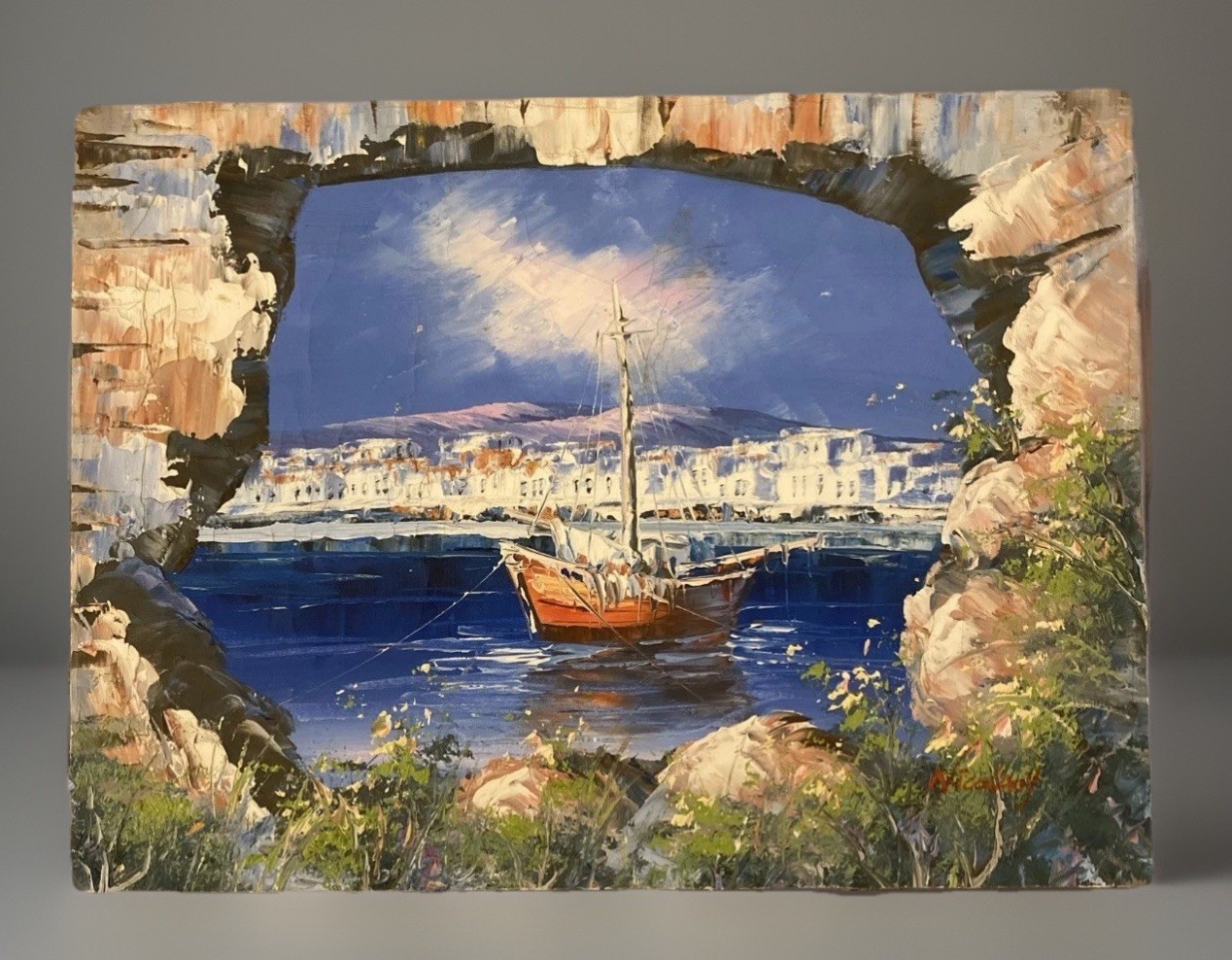 Vntg Oil Painting Nautical Fishing Boat In Port Original 16” X 12” Signed