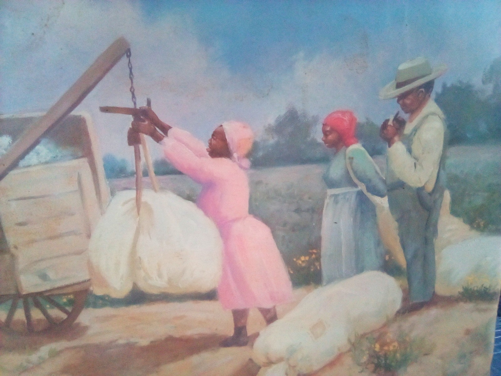 Arise Signed Realism Painting Cotton Harvest Figures Wagon, Medium Unframed