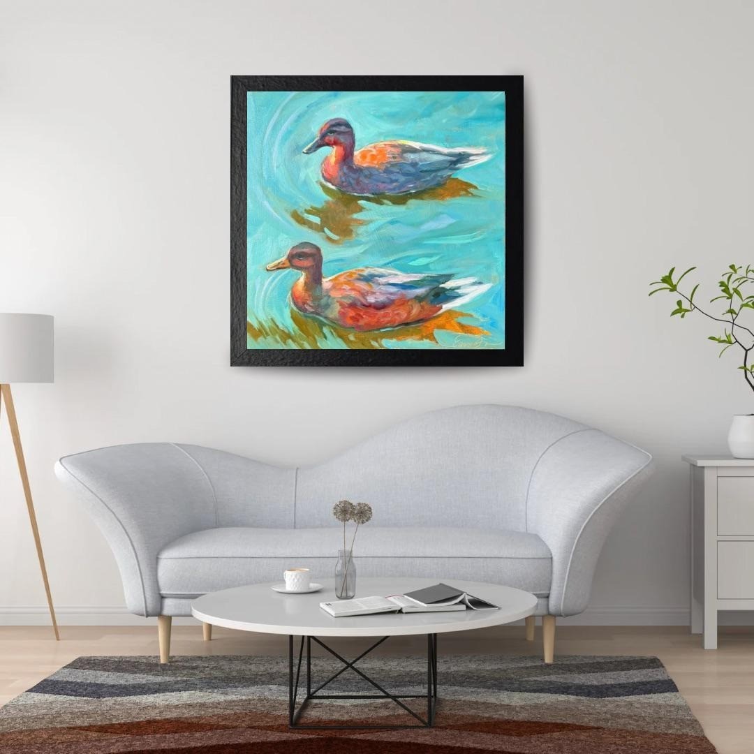 Original Oil Painting: Duck Love Birds on Aluminum, 12×12 Impressionist Art