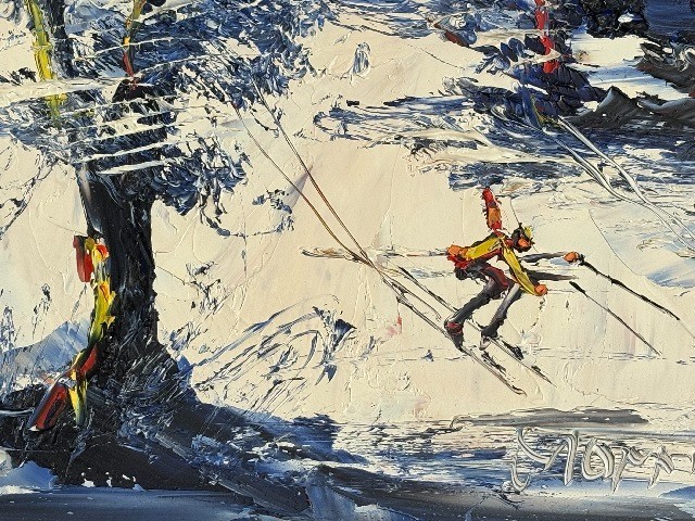 Morris Katz 1978 Signed Oil Painting on Masonite Winter Snow Scene w/ a Skier