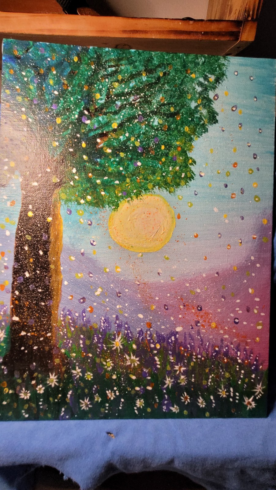Contemporary Tree & Sun Floral Landscape Painting, Nature Theme, Unframed
