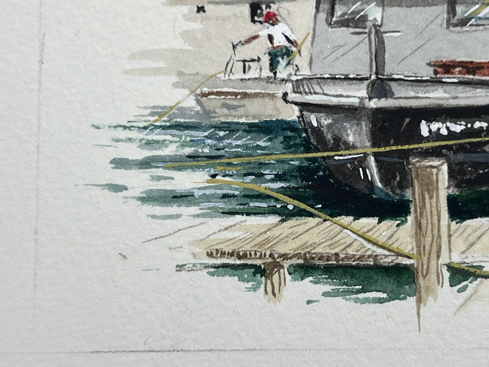 Watercolor Painting Fishing Boat Unloading Catch At Harbor 4×6″ Fine Art Davel
