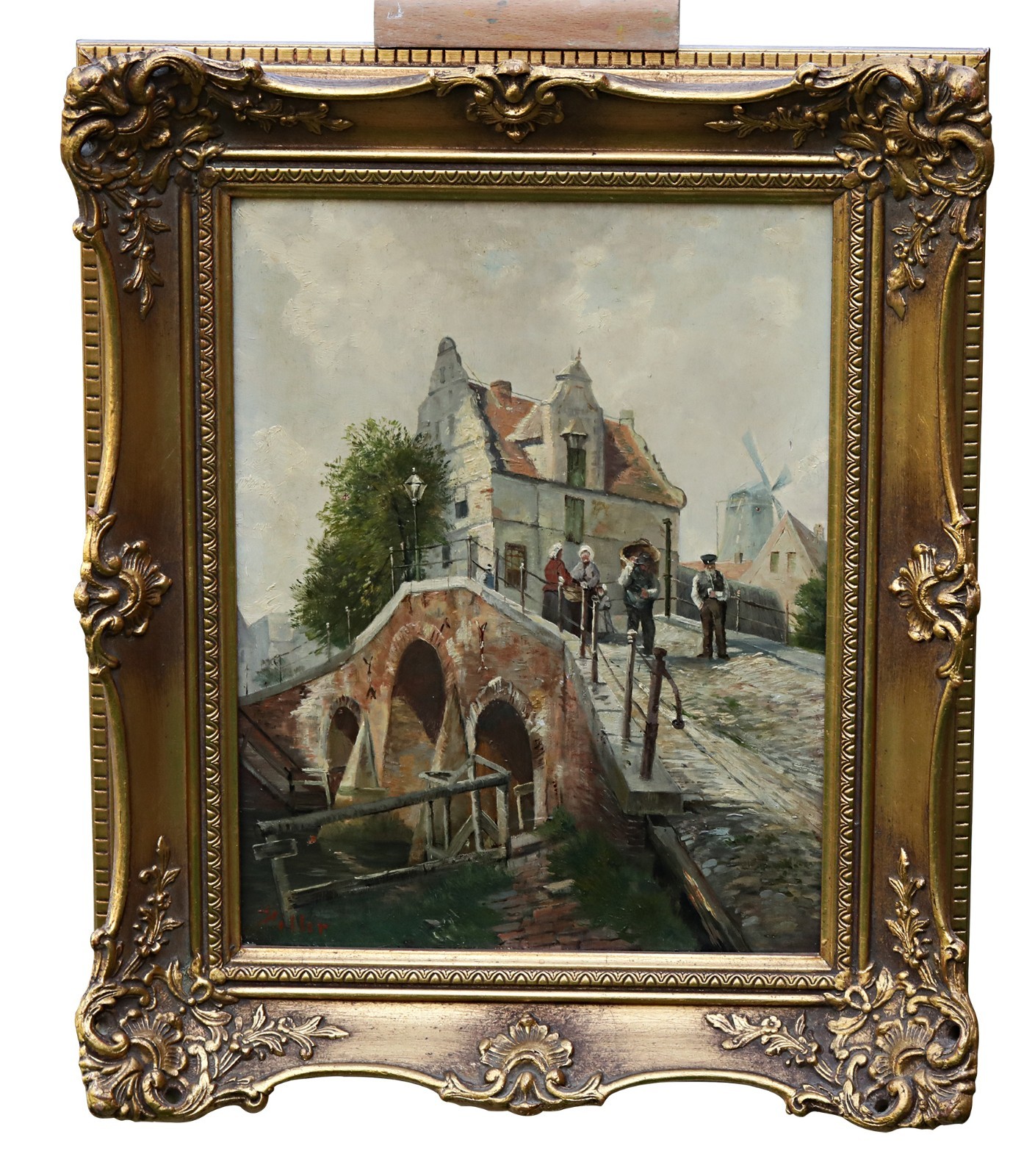 Hiller Bridge by the Canal in Oil on Wood, Signed Original Painting with Frame