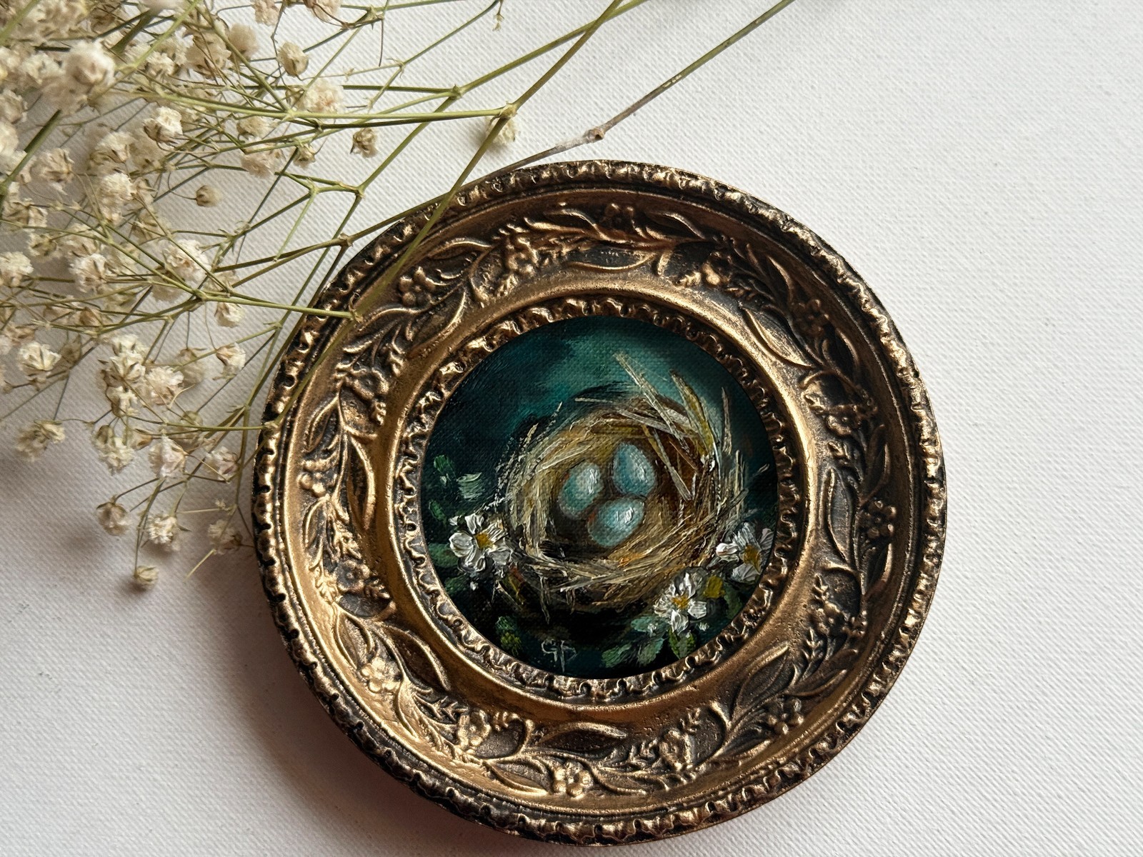 Original Oil Painting Miniature Gold Framed Bird Nest Hand Painted Art