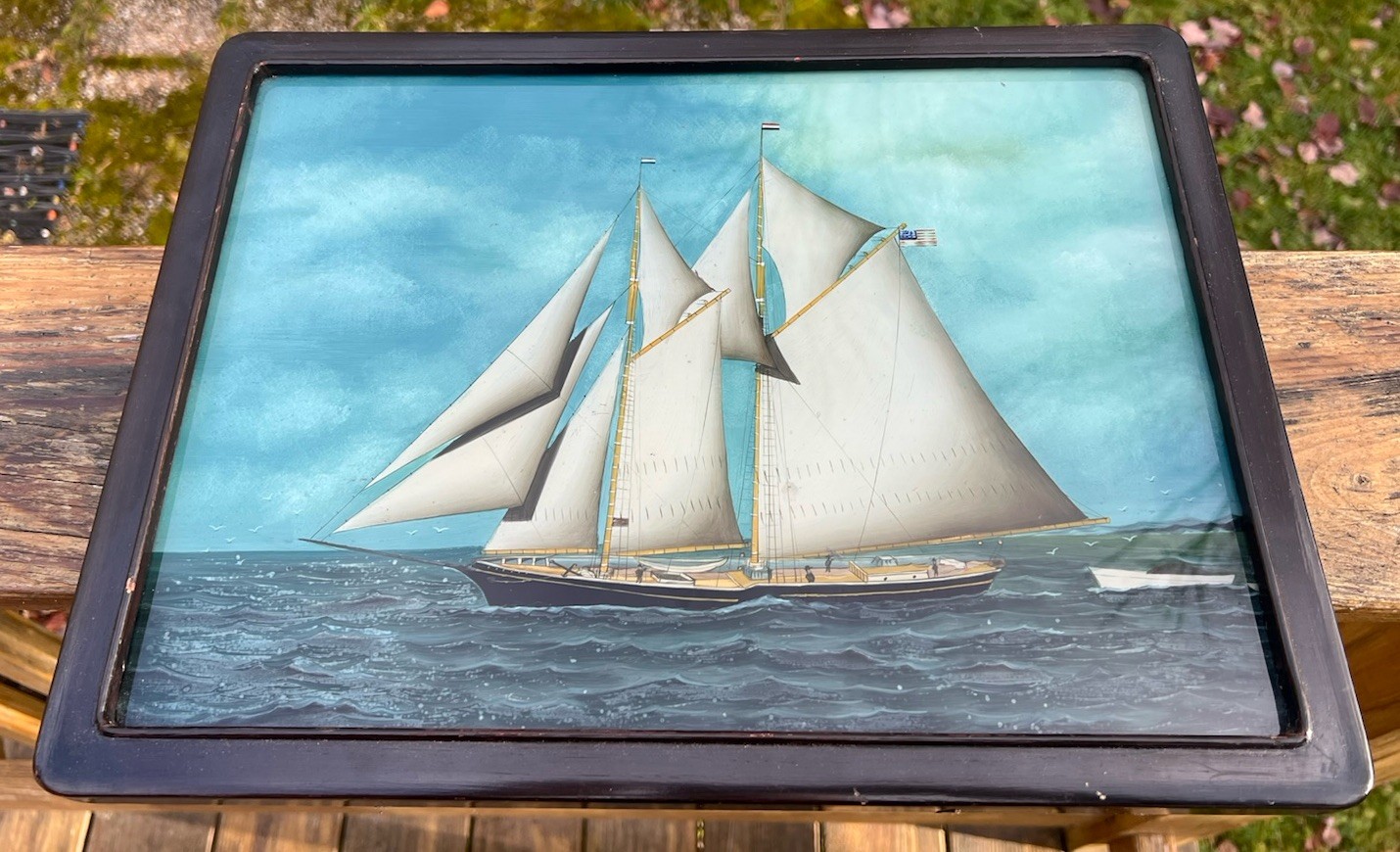 Vintage Framed Chinese Reverse Glass Painting American 2 Masted Schooner Ship