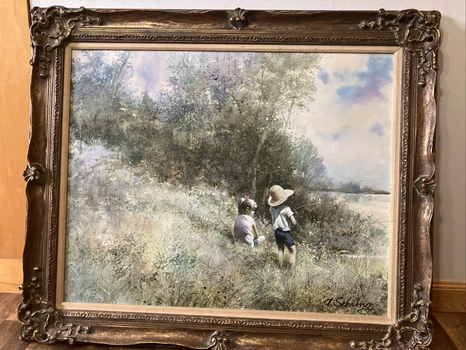 Adolf Sehring Original Painting On Canvas «Fishing» Framed 24″ X 30″