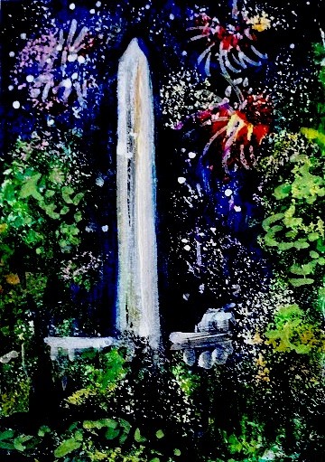 ACEO Original PAINTING Washington DC FIREWORKS Night Building Landscape ATC ART
