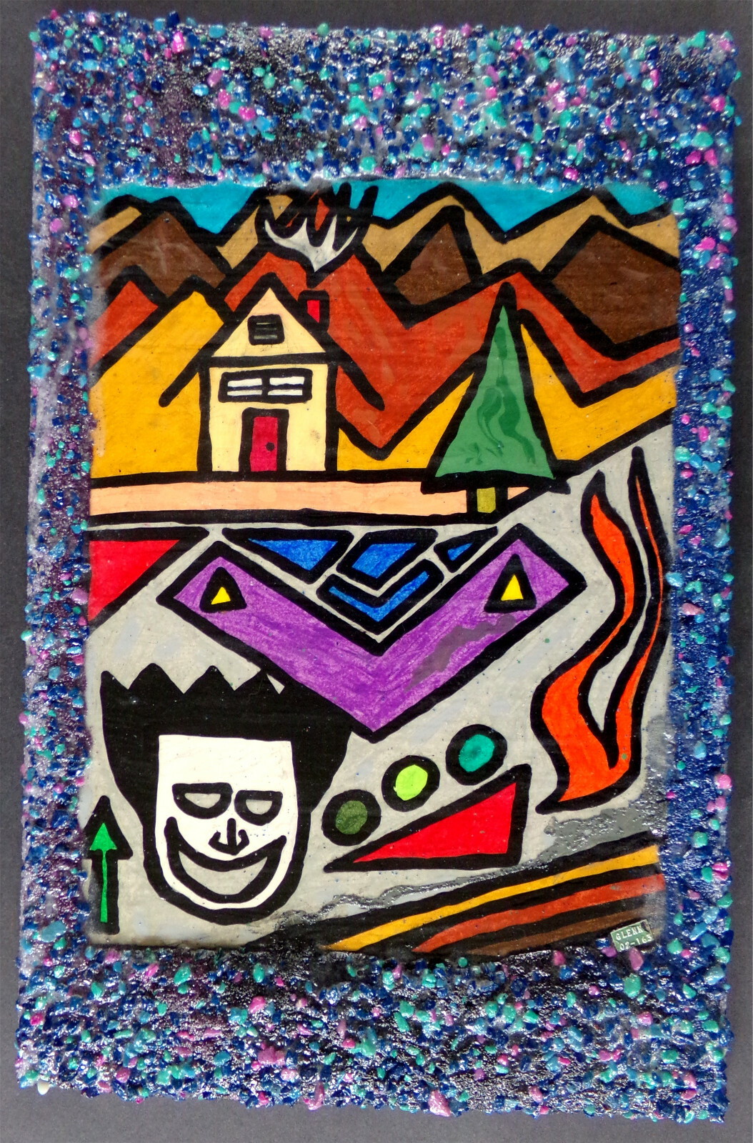 White Mask Warm Home Smoke & Fire Dream: Mixed Media Stone Collage Wood Painting