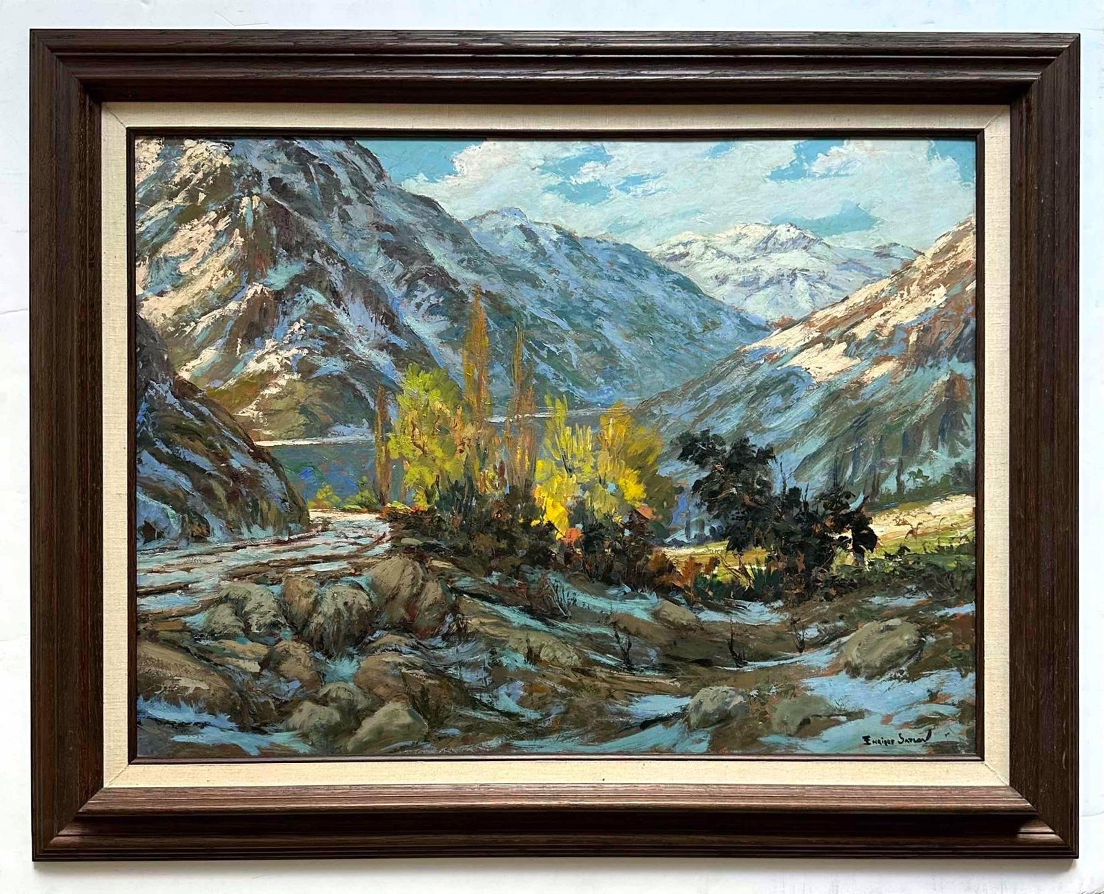 Enrique Satlov (Chilean) – Original Painting – Snowy Mountain Lake Scene – Andes