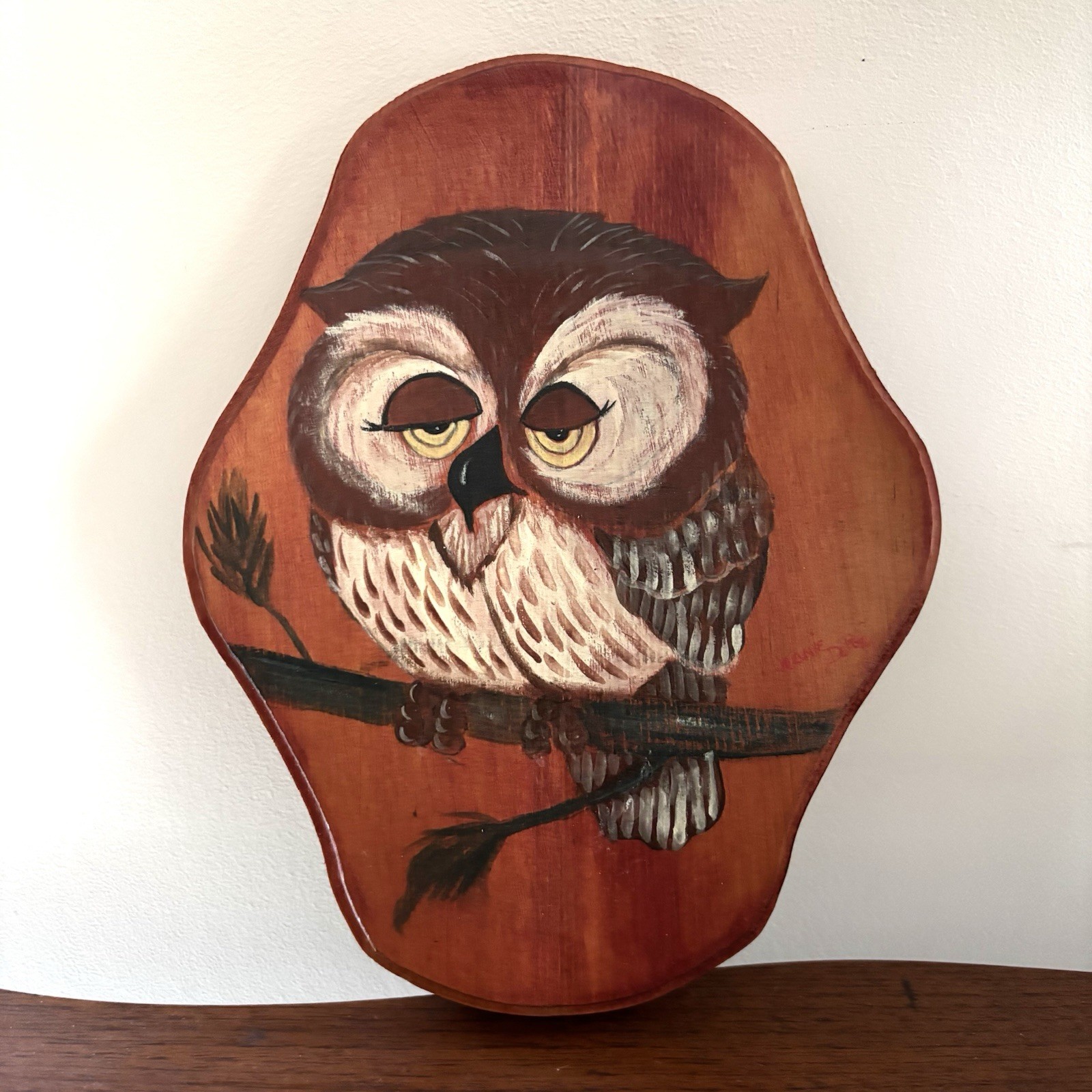 Hand painted Owl On Wood Wall Art Sleepy Owl Folk Art Signed Kitsch 60s Bird Vtg